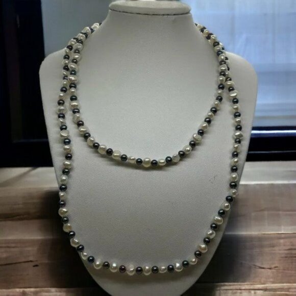 Honora Freshwater Pearl‎ Necklace 34" Long Salt & Pepper Strand Black White New - Picture 1 of 7